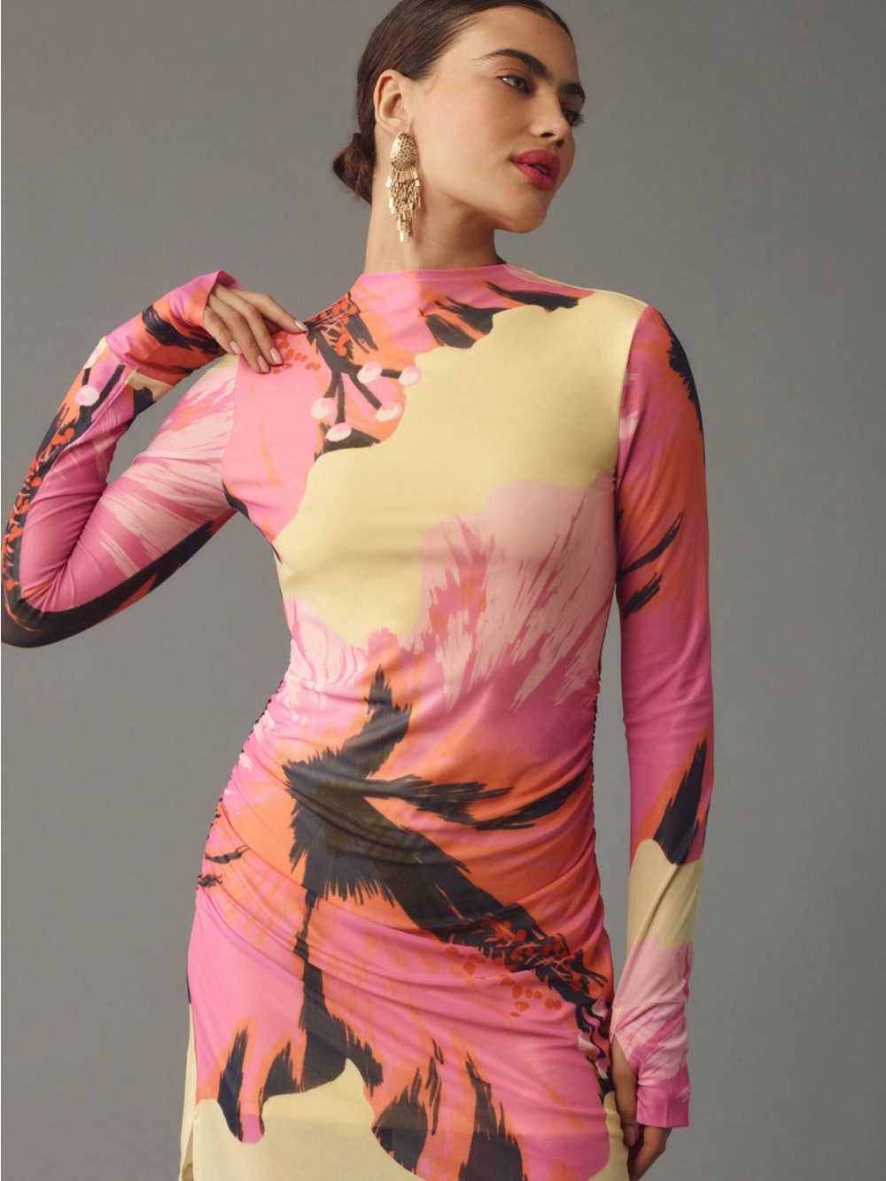 FARM Rio Mesh Mini Dress- Size S- Pink, Yellow & Black Long Sleeve Cocktail